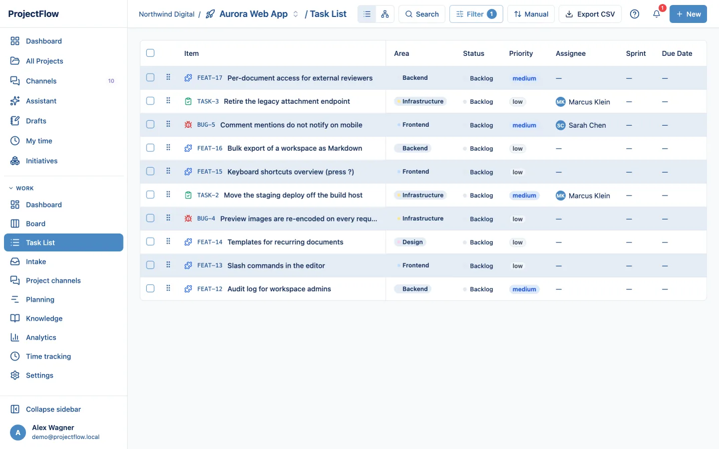 Task list with filters and export