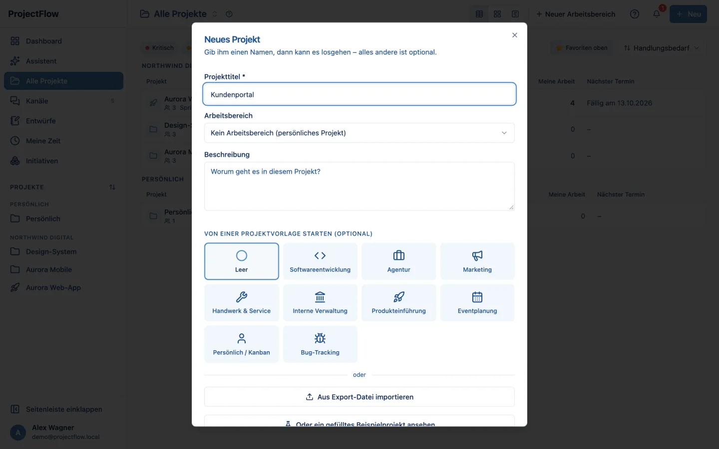 Dialog für ein neues Projekt