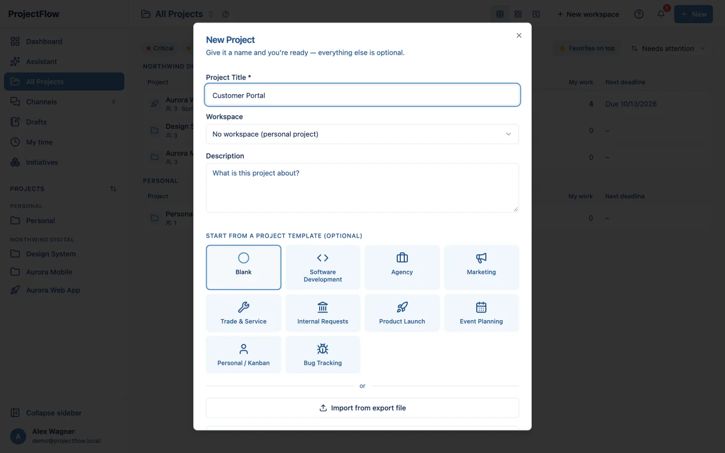 New project dialog