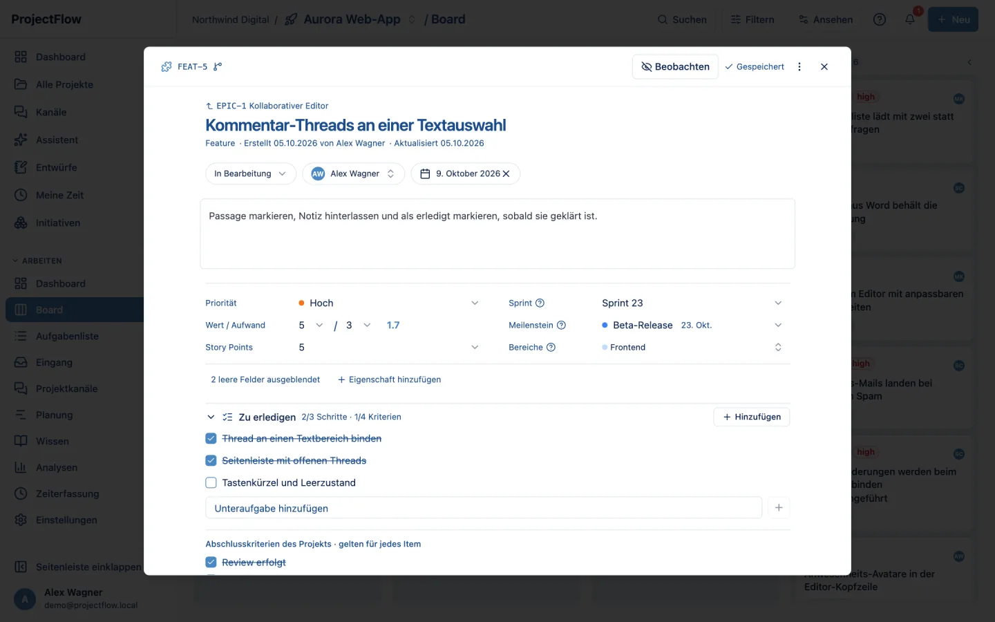 Item-Detail mit Metadaten und Subtasks