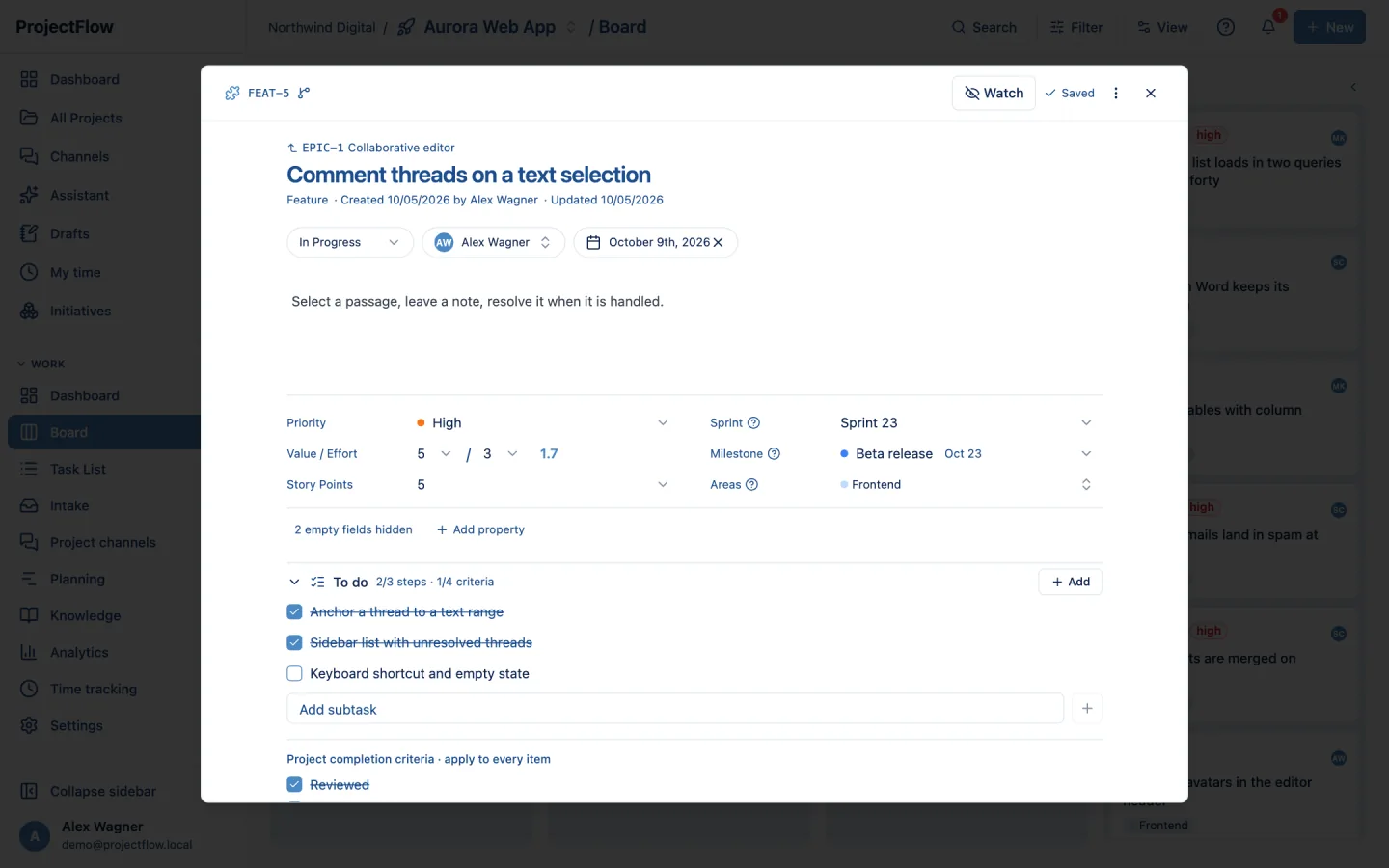 Item detail with metadata and subtasks