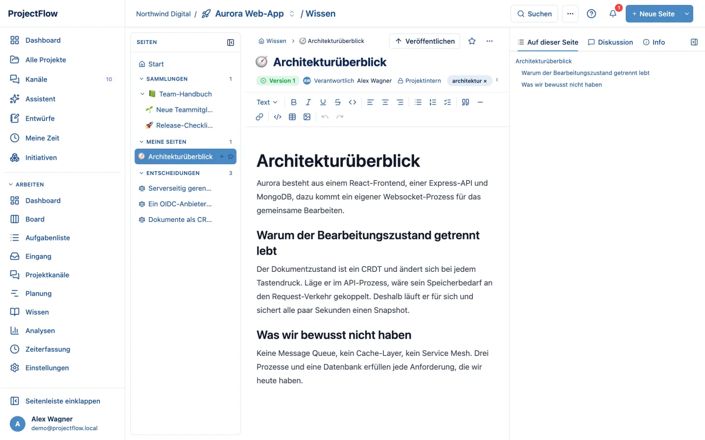 Wissensseite mit Inhaltsverzeichnis