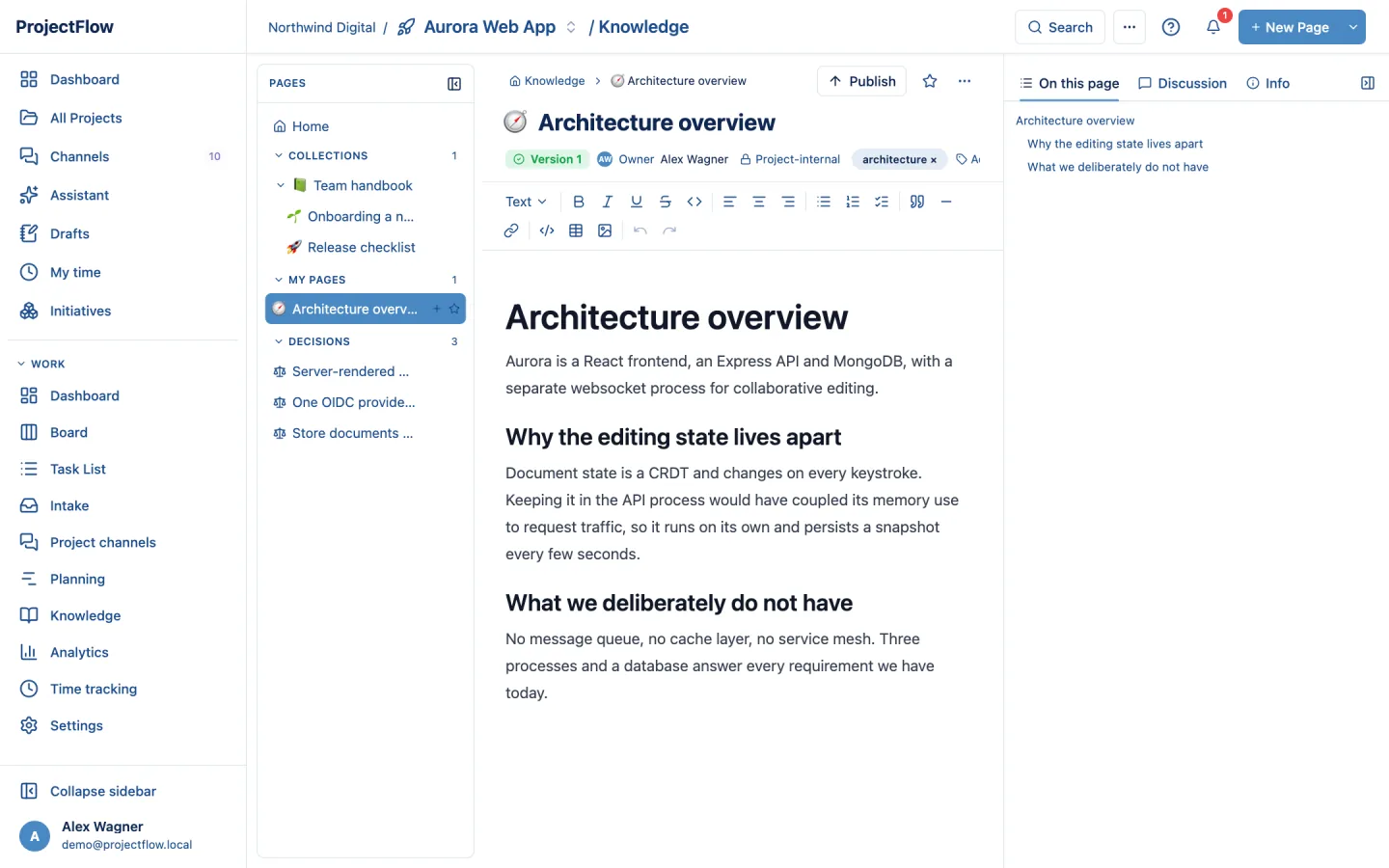 Knowledge page with table of contents