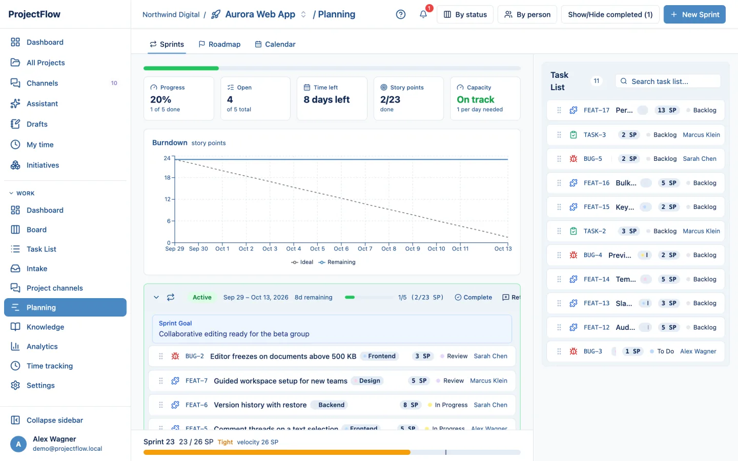 Sprint planning with burndown and task list